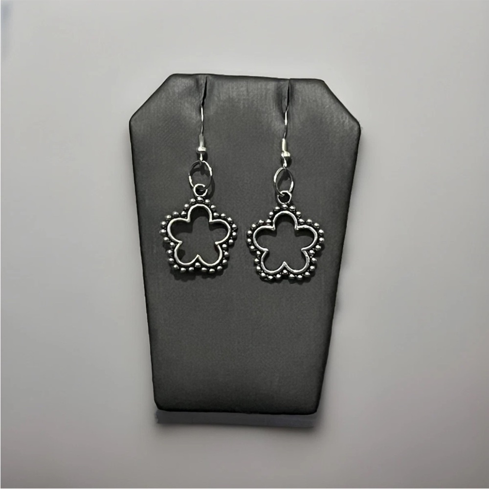 Handmade Bohemian Vintage Style Silver Star Earrings. Beaded Edge Floral Gift